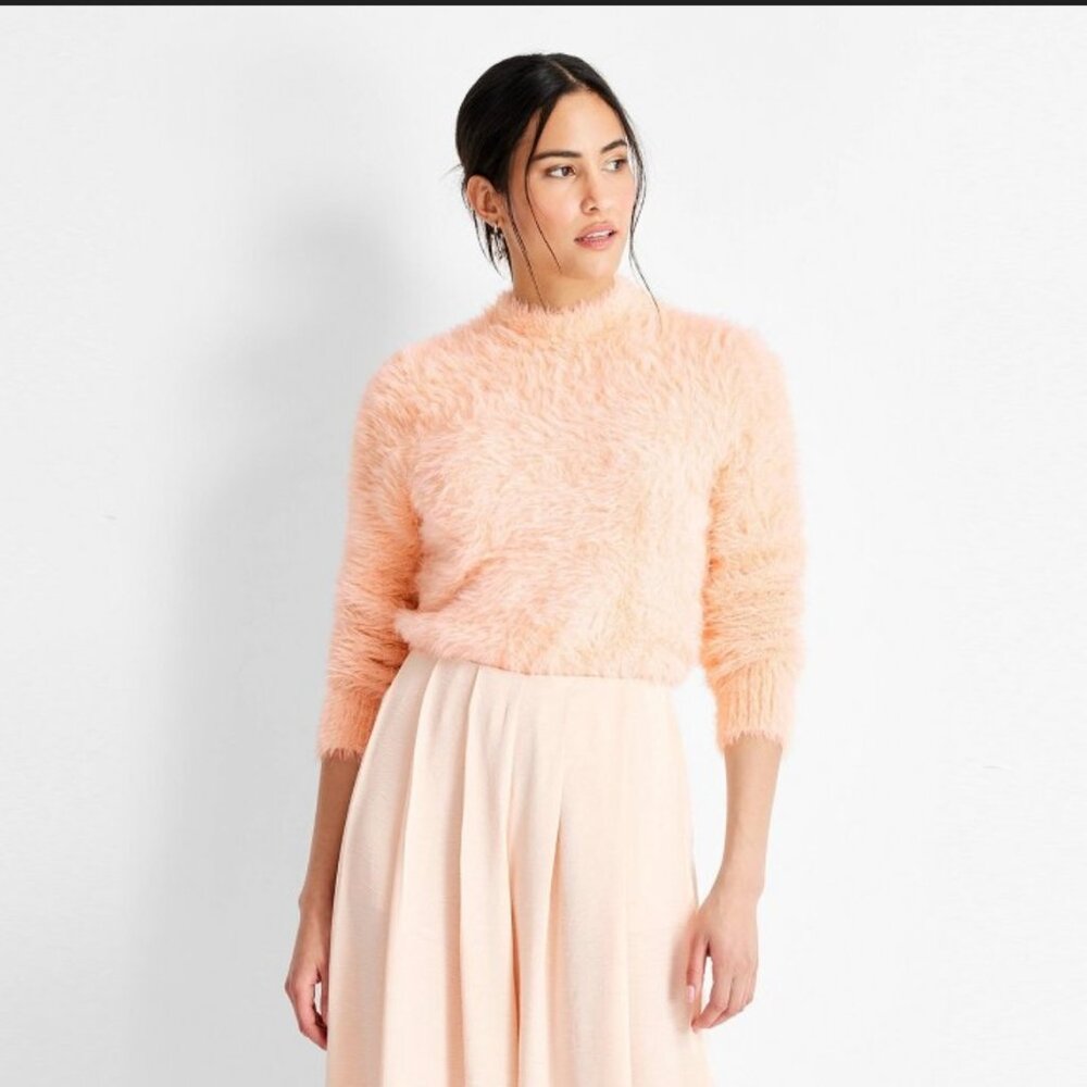 Future Collective Women's Crewneck Eyelash Sweater Peach Orange Size: M